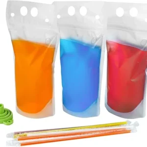 C CRYSTAL LEMON 100PCS Liquor Pouches, Drink Pouches for Adults Alcohol Pouches with 100 Drink Straws & Silicone Funnel, Juice Pouches, Smoothie Pouches, Heavy Duty Reclosable Ice Drink Pouch Bag