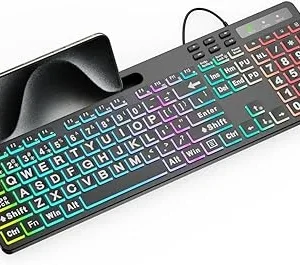 MARVO Large Print Backlit Keyboard, WK712 Wired Computer Keyboard with 7 Colors & 11 Modes Backlight, Silent Light Up Keyboard with Tablet Phone Holder, Full-Size Gaming Keyboard for Windows, Mac