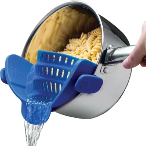 Kitchen Gizmo Snap N’ Strain – Silicone Clip-On Colander, Heat Resistant Drainer for Vegetables and Pasta Noodles, Kitchen Gadgets for Bowl, Pots, and Pans – Essential Home Cooking Tools – Blue